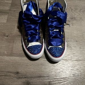 Women custom made size 10 bejeweled blue/gold rhinestone converse high tops.